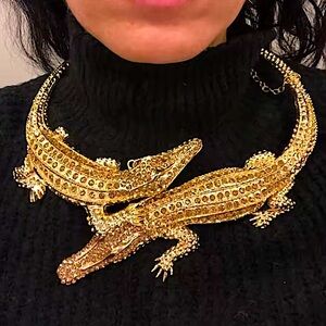 Gold Crocodile Alligator Choker Statement Necklace Double Headed